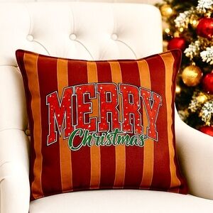 Holiday Striped Taffeta Merry Christmas Accent Pillow, Cute Holiday Cushion Gift